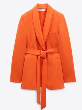 Zara Crisp Orange Belted Shawl Collar Blazer SZ L tie belt tuxedo collar NWOT